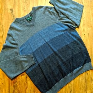 David Taylor Men's V-neck Lightweight Sweater Color Block Stripe Blues Gray XL